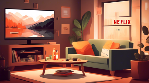 Create an image depicting a cozy living room setup with a flat-screen TV displaying the Netflix logo. An open laptop on a table nearby shows the IPVanish VPN interface. The room is warmly lit with a comfortable sofa and streaming snacks like popcorn and a soft drink. The atmosphere should convey relaxation and successful streaming.