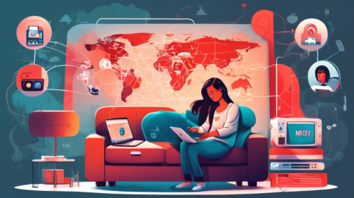 Create a detailed digital illustration of someone sitting on a cozy couch, holding a remote, with a TV screen in the background displaying the Netflix logo. Surround the person with various tech gadgets like a laptop, smartphone, and a VPN router, showing icons of padlocks being unlocked. The background features a world map with lines connecting different countries, symbolizing global access. The overall atmosphere is friendly and informative, as if guiding the user through the process.