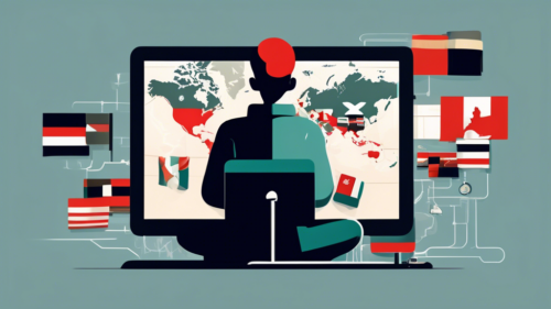 Create a detailed illustration of a person sitting at a computer, using a VPN to unlock different Netflix regions. Include a map with country flags, a Netflix interface displaying various shows from different regions, and a padlock icon being unlocked.