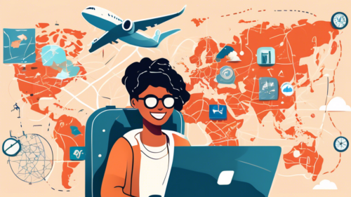 Illustration of a person happily watching Netflix on a laptop, surrounded by travel icons like airplanes, passports, and landmarks from various countries. The laptop screen shows the Netflix logo clearly, and the background has a stylized map with dotted travel routes. VPN icons are subtly integrated into the design, representing secure and accessible streaming from anywhere in the world.