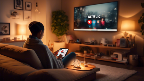 A cozy living room setup with a person sitting comfortably on a couch, their laptop open to Netflix. The scene shows a relaxed atmosphere with warm lighting. Highlight a Wi-Fi router and a VPN symbol floating above it, symbolizing easy access to Netflix downloads. Include elements like a bowl of popcorn, a soft blanket, and a smartphone also showing the Netflix logo to illustrate convenience and ease.