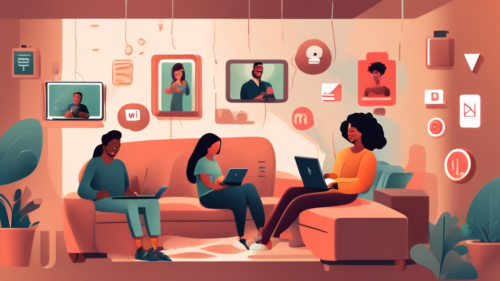 Create an image of a diverse group of people happily watching Netflix on various devices like a laptop, tablet, and smart TV. They are sitting comfortably in a cozy living room with a WiFi router visible in the background. The scene should include visual elements like a padlock being opened and a strong WiFi signal icon to symbolize unblocking and high-speed internet.