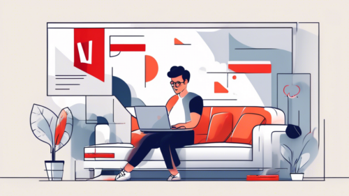 Create a digital illustration of a person sitting comfortably on a couch with a laptop, using a VPN to unblock Netflix. The laptop screen shows the Netflix homepage with various shows. The background includes subtle hints of different countries, like flag icons, indicating global access, and a VPN application icon displayed on the laptop screen.