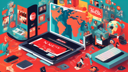 Create a digital illustration of a user-friendly guidebook titled Unblocking Netflix Shows, surrounded by various streaming-related imagery. Include a person using a laptop and VPN, a Netflix logo, a globe highlighting different countries, and icons representing different genres of TV shows and movies. The overall style should be modern and colorful, conveying the idea of easy access and enjoyment of worldwide content.