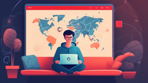 Create an image depicting a person comfortably sitting on a couch with a laptop on their lap, displaying the Netflix homepage. Surround the person with subtle visual elements representing VPN connections, such as small world maps, padlock icons, and arrows, suggesting internet traffic. On the wall behind the person, a poster subtly signifies How to Access Blocked Content with wifi symbols and globe icons, alluding to unblocking techniques. The overall mood should be informative yet cozy and inviting.