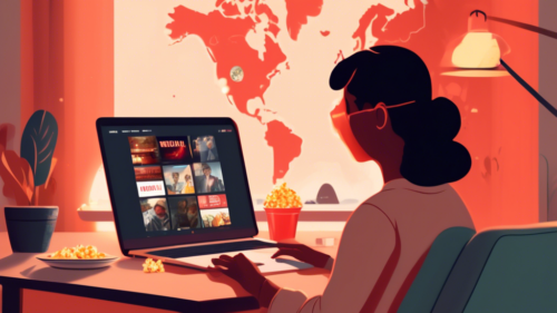 A digital illustration showing a person comfortably watching Netflix on a laptop, with a globe in the background signifying worldwide access. The laptop screen displays popular Netflix movies, and the scene includes icons of VPN and proxy services to depict unblocking. The setting is a cozy, well-lit living room, with a comfy couch and a bowl of popcorn.