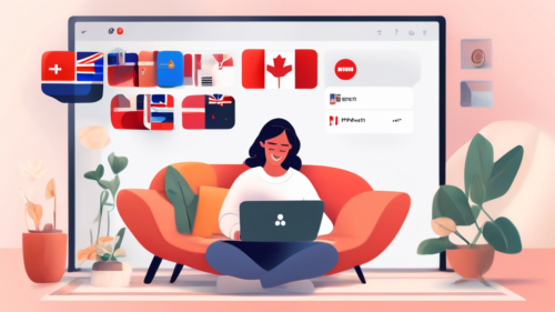 Create an image depicting a digital illustration of a person using a laptop, showing the NordVPN interface on one side and Netflix on the other. The scene is set in a cozy, modern living room. The individual is smiling, signifying success in unblocking Netflix. Include visual elements such as country flags representing different Netflix libraries, and a series of digital locks opening, symbolizing the unlocking process.