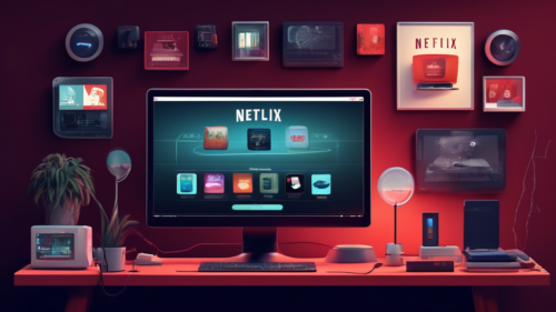 Create an image depicting a tech-savvy scene with a desktop setup showing a Netflix interface on the screen. Include a variety of gadgets like smart routers, DNS service tools, and open browser tabs with settings related to internet connection and DNS configuration. The ambiance should feel modern and innovative, with a hint of secretive digital exploration.