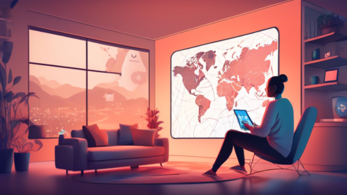 Create a digital illustration of a person sitting in a cozy living room, using a smart TV that displays the Netflix logo. The person is holding a tablet showing a Smart DNS app with settings being adjusted. In the background, a world map with dotted lines connecting various countries indicates the rerouting of the user's internet connection. The overall atmosphere should convey a sense of technology seamlessly enhancing entertainment access.