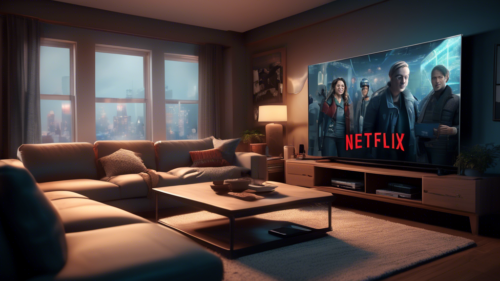 Create an image of a living room scene, featuring a cozy couch and a large flat-screen TV displaying the Netflix logo. The room is filled with subtle hints of technology and media enhancements, such as a smart device, gaming console, and high-speed internet router. Emphasize a futuristic, seamless streaming experience without the presence of overt VPN software, using visual metaphors like open, wireless connectivity symbols. Incorporate a joyful, relaxed atmosphere as the occupants confidently enjoy an unrestricted viewing experience.