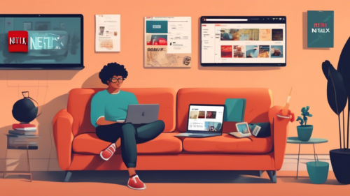 Create an image showcasing a person relaxing on a couch with a laptop open, displaying the Netflix homepage. Next to the laptop, depict various objects symbolizing technology hacks, such as DNS setting guides, a smart TV remote, and an open browser with multiple tabs labeled unblock Netflix. The room should have a cozy, tech-savvy atmosphere, with a corkboard on the wall showing diagrams and notes related to accessing global streaming content without a VPN.