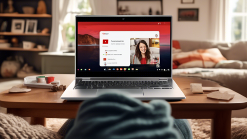 Create an image of a person using a Chromebook in a cozy living room setting, with an expressive look of satisfaction as they successfully unblock Netflix on their device. The screen of the Chromebook displays the Netflix homepage. In the background, include subtle hints of technology, such as a WiFi router and a VPN application icon, to indicate internet access and security features. Add an element of relaxation, like a comfy couch and a steaming mug of coffee on a nearby table.