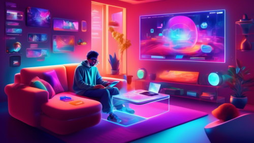 Create an imaginative and futuristic digital illustration featuring a person sitting in a cozy living room, with a high-tech, holographic display on a coffee table showing various streaming services, including Netflix. The person is using a sleek, transparent gadget to easily navigate and unblock restricted content. The room is filled with vibrant colors, and the scene should convey a sense of high technology and seamless access to global entertainment.