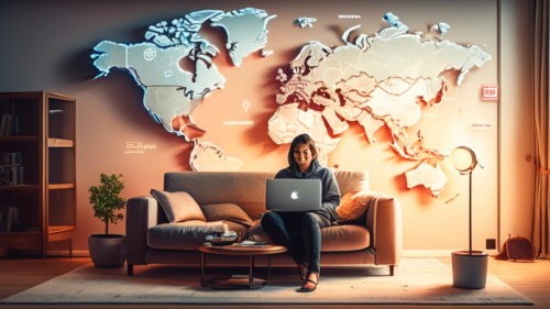 Create an image depicting a person sitting on a cozy couch with a laptop and a TV in front of them, displaying a global map. The TV screen shows the Netflix logo and several geographic locations highlighted with small unlocked padlocks. The room should have a warm and inviting atmosphere, with light streaming in through a window that reveals a world map on the wall, symbolizing global access. The person looks excited and intrigued as they navigate the options.