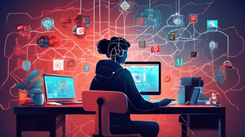 Create an illustration of a person sitting at a desk in a cozy room, surrounded by books and tech gadgets. The person is skillfully connecting virtual wires from their laptop to an image of the Netflix logo. In the background, there's a depiction of network security symbols like locks and shields, which are partially faded, suggesting they are being bypassed. The scene is set in a dimly lit environment with a focus on the glowing laptop screen displaying a small, unobtrusive VPN icon.