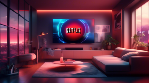 Create an image of a cozy living room with a sleek modern TV displaying the Netflix logo. The TV screen is being accessed through a high-tech, futuristic VPN interface with digital holographic elements, indicating unblocking of regions. The room should have elements suggesting a 2023 setting, like smart home gadgets and contemporary decor.