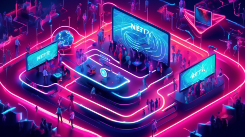 Create an image depicting a futuristic digital landscape that represents internet freedom, with various VPN symbols unlocking a giant neon-lit Netflix logo. The scene should illustrate a sense of security and advanced technology, featuring a diverse group of people joyfully streaming content on different devices, with glowing connections running through a vibrant cyber network background marked with 2023.